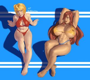 adventures_of_sonic_the_hedgehog bikini breasts enthsketches female huge_breasts katella katella_the_huntress madonna_garnet multiple_females multiple_girls muscular muscular_female sega sonic_(series) swimsuit