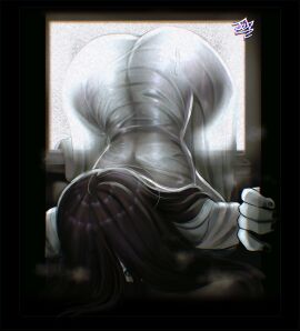 1girls absurd_res absurdres ass ass_focus big_breasts black_hair breasts dark evil_smile female female_only hanging_breasts hi_res highres jebjebbz large_breasts long_hair smile solo television the_ring through_medium through_screen very_long_hair wet yamamura_sadako