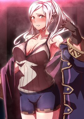 1girls breasts cleavage female female_only fire_emblem fire_emblem_awakening grey_hair large_breasts musk nintendo robin_(fire_emblem) robin_(fire_emblem)_(female) shorts solo steaming_body sweat sweat_stain thighs to_(tototo_tk) twintails yellow_eyes