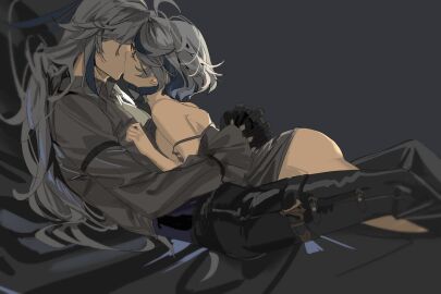 1boy 1girls ahoge ass bare_shoulders blue_hair bottomless breasts breasts_against_chest breasts_out breasts_pressed_against_partner bubble_ass bubble_butt closed_eyes clothed_male cowgirl_position duo female furina_(genshin_impact) genshin_impact gloves highres holding_partner kissing light-skinned_female light_blue_hair light_skin long_hair male mona0101 multicolored_hair neuvillette_(genshin_impact) nightgown no_sex on_partner pants partially_nude_female round_ass round_butt shirt short_hair sidelocks simple_background streaked_hair two-tone_hair white_hair