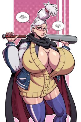 1girls ayase_seiko baseball_bat big_breasts breasts dandadan english_text female fontez gilf huge_breasts jacket mature_female nipple_bulge speech_bubble sweater tagme text text_bubble thick_thighs thighhighs twitter_link white_hair