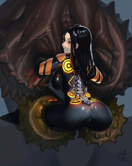 android asian_female ass ass_focus black_hair bodysuit bound breasts breasts_from_behind captured captured_heroine curvy_female cyborg_girl defeated_heroine female guls imminent_rape imminent_sex interspecies long_hair monster naytiba_(stellar_blade) restrained scared stellar_blade stuck_together tachy_(stellar_blade) techwear