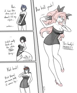 2024 ass belle_(zenless_zone_zero) black_dress body_hopper body_possession breasts clothing cocktail_dress dialogue dress eagle_bacon ellen_joe female grace_howard large_breasts legs_together long_hair monochrome nicole_demara party_dress possessed possession shark_tail short_hair take-over-tober take-over-tober_2024 take_over takeover text wide_hips zenless_zone_zero zipper