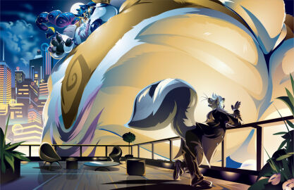 anthro ass big_ass big_butt building city city_background city_lights cityscape clothed clothing djermengandre_(character) duo extreme_size_difference greeting huge_ass huge_butt kindofabigseal looking_down looking_down_at_another macro male male/male mammal mephitid moon obese obese_anthro obese_male overweight overweight_anthro overweight_male ray_rhythmus size_difference skunk sky tail thick_tail thick_thighs