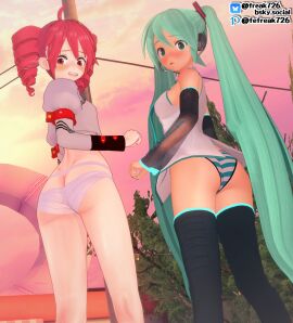 2girls 3d ahoge ass ass_cleavage back back_view blue_eyes blue_hair blush blushing_profusely clothed clothed_female clothing detached_sleeves embarrassed embarrassed_female fefreak726 female female_focus female_only hair_ornament hatsune_miku headgear kasane_teto looking_back low-angle_view outdoors panties petite petite_body petite_female public red_eyes red_hair skirt skirt_removed striped_panties synthesizer_v thighhighs thighs twin_drills twintails underwear underwear_halfway_down upskirt utau vocaloid white_panties