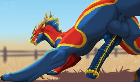 animal_genitalia animal_penis ass balls blackbatwolf digital_drawing_(artwork) digital_media_(artwork) equine_genitalia equine_penis erection felkin feral flared_penis gay gay_male genitals hi_res homosexual homosexual_male horn kachayin_(greifenherz) looking_at_viewer looking_back male medial_ring outside penis presenting presenting_hindquarters presenting_penis quadruped rear_view smile solo solo_male spread_legs spreading