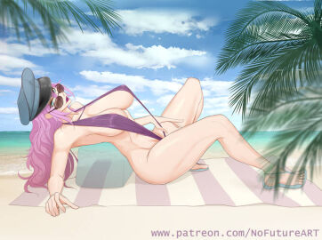 1girls beach beach_towel blue_eyes breasts clouds female final_fight hat large_breasts long_hair looking_at_viewer looking_over_eyewear looking_over_sunglasses nofuture ocean one-piece_swimsuit outside palm_tree peaked_cap pink_hair poison_(final_fight) purple_one-piece_swimsuit purple_swimsuit sandals sky slingshot_swimsuit street_fighter sunglasses swimsuit tinted_eyewear water