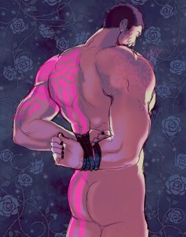 1boy bara bondage charlotte_katakuri fangs fangs_out gay male male_only mew_jyev_(artist) muscles muscular muscular_male naked one_piece solo tattoo tattoo_on_back tattoo_on_butt tied_hands yaoi