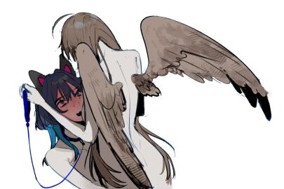 2girls female hololive hololive_english hololive_english_-council- hololive_english_-promise- leash nanashi_mumei ouro_kronii virtual_youtuber wings yuri