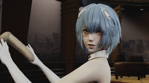 16:9 16:9_aspect_ratio 1boy 1girls 3d back blue_hair blush cum cum_on_face facial female female_focus gloves indoors looking_at_viewer looking_pleasured male medium_hair neon_genesis_evangelion penis penis_tip rei_ayanami semen semen_on_face shoulders transparent_male white_gloves
