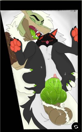 anthro artist_request balls big_balls dragon elin_(psychorodent) female green_penis hi_res machine male male/female mythological_creature mythological_scalie mythology penis protogen pussy scalie stand_and_carry_position standing_sex sweat toaster_god_of_gods tongue tongue_out vaginal_penetration