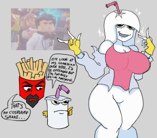 1girls 2boys :d angry angry_face animate_inanimate aqua_teen_hunger_force big_breasts breasts clothed cosplay dialogue english_text eyelashes female fingerless_gloves frylock gijinka goatee grey_background grey_sweater happy hime_cut hourglass_figure humanoid humanoidized inanimate looking_at_another male master_shake meme_in_the_background pink_shirt plain_background pointing red_body simple_background stars straw sweater thewboy white_body white_hair yellow_gloves yellow_sclera
