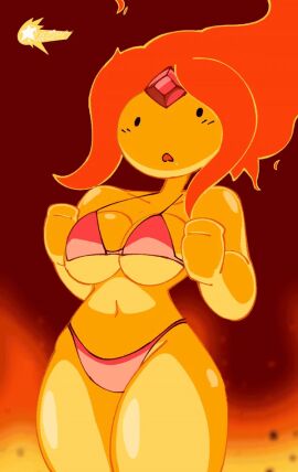 1girls adventure_time animated big_breasts bikini_bottom bikini_top bouncing_breasts breasts clenched_teeth dot_eyes female female_only fire flame_hair flame_princess gif large_breasts looking_at_viewer navel orange_body orange_skin pinkanimations ponytail quintzy_xd red_hair solo solo_female solo_focus thick_thighs thighs wide_hips