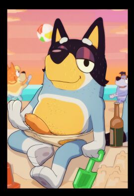 2024 anthro australian_cattle_dog ball_(object) balls bandit_heeler barefoot beach beach_ball bedroom_eyes beverage_bottle big_penis black_border bluey_(series) border bottle brother brother_(lore) brothers_(lore) canid canine canis cattledog clothed clothed/nude clothing clothing_pull cloud container day delirost domestic_dog erection eyebrows feet flaccid foreskin fur genitals group hair herding_dog hi_res humanoid_genitalia humanoid_penis inflatable looking_at_viewer male mammal narrowed_eyes nude outside pastoral_dog penis presenting presenting_penis radley_heeler sand seductive shovel sibling_(lore) sitting sky smile solo_focus solo_male standing stripe_heeler sunset tools topless topless_anthro topless_male tuft uncircumcised underwear underwear_only underwear_pull water