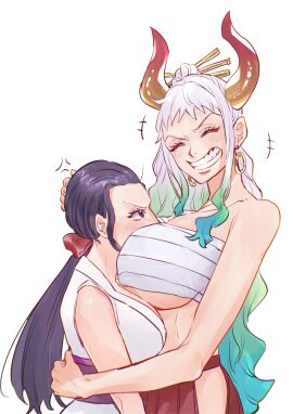 2girls annoyed bare_arms big_breasts black-haired_female black_hair blue_eyes blush breasts closed_eyes clothing curvy curvy_figure earrings face_between_breasts female female_focus female_only green_hair happy height_difference horns hug huge_breasts large_breasts light-skinned_female light_skin long_hair multiple_females multiple_girls nico_robin one_piece sarashi sc_scandium simple_background smile standing tied_hair two-tone_hair white-haired_female white_background white_hair wide_smile yamato_(one_piece)