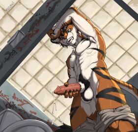 animal_genitalia anthro balls bathroom bodily_fluids claws cum felid fur genital_fluids genitals hi_res low-angle_view male male_only mammal masturbation muscular pantherine penile penile_masturbation penile_spines penis public public_restroom restroom_stall ruzaki sheath solo standing thunder_tail tiger