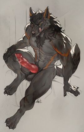 abs absurd_res ama_dench_art amber_eyes animal_genitalia animal_penis anthro balls bedroom_eyes big_penis black_body black_fur bodily_fluids canid canine canine_genitalia canine_penis canis cum cum_drip cum_on_penis dripping erection fur furry genital_fluids genitals grey_body grey_fur hi_res huge_cock kael_(beleynn) knot male mammal narrowed_eyes nude orange_body orange_fur pecs penis seductive sitting solo tail tongue tongue_out wolf