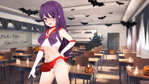 bishoujo_senshi_sailor_moon blush cosplay doki_doki_literature_club eroneko female halloween halloween_costume navel open_mouth sailor_mars_(cosplay) sailor_uniform sweat yuri_(doki_doki_literature_club)