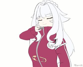 1girls ahoge alternate_costume animated bouncing_breasts breasts button_gap cleavage ember_amane female gif hair_intakes jacket jersey_maid large_breasts light-skinned_female light_skin long_hair maid maid_headdress mole mole_on_breast mole_under_eye multiple_moles name_tag off_shoulder open_mouth partially_unzipped phase_connect phase_invaders purple_eyes red_jacket ribbed_shirt seori091 shirt simple_background sleeveless sleeveless_shirt smile solo spaghetti_strap unconventional_maid undressing unzipped virtual_youtuber white_background white_hair white_shirt zipper zipper_pull_tab