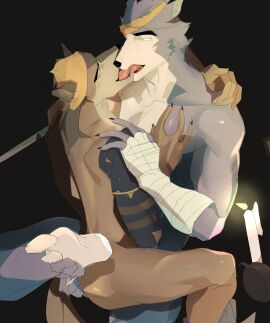 725_hn absurd_res ambiguous_penetration another_eidos_of_dragon_vein_r anthro armwear bandana bandanna_only blue_body blue_fur brown_body brown_fur canid canine canis clothing detached_sleeves duo eye_contact eye_patch eyewear fur hair hi_res hug kerchief kerchief_only kissing leg_hug looking_at_another male male/male mammal mostly_nude nipples nude orta_(anothereidos_r) pec_squish penetration pollon_(anothereidos_r) ponytail purple_nipples wolf