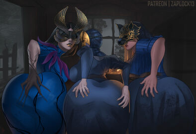 3girls absurd_res alternate_costume alternate_version_available amputee ass ass_focus background bending_over big_breasts blue_dress breasts breasts_to_breasts breasts_touching carmina_mora clothed curvy_figure dead_by_daylight female female_only grabbing_ass highres huntress_(dead_by_daylight) ink large_ass large_breasts lipstick looking_at_viewer mask masked masked_female mature mature_female milf multiple_females multiple_girls nightmare_waifu nurse_(dead_by_daylight) official_alternate_costume painted_nails sally_smithson spreading spreading_ass tagme the_artist the_huntress_(dead_by_daylight) the_nurse thick_ass thick_thighs thighhighs thighs voluptuous voluptuous_female wide_hips zaplock13