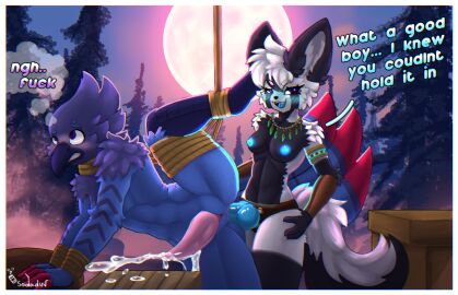 absurd_res anal anal_sex anthro avian bird blush bodily_fluids breasts casper_(sodaduv) cum duo female genital_fluids genitals hi_res male male/female male_penetrated moon object_in_ass pegging penetration penis plant sex sex_toy sex_toy_in_ass sex_toy_insertion sex_toy_penetration sodaduv strap-on strapon text toying_partner tree