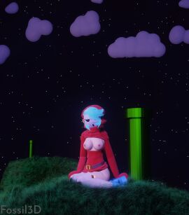 3d breasts breasts_out breasts_out_of_clothes female fossil3d mario_(series) night night_sky nintendo open_clothes shy_gal sitting tagme