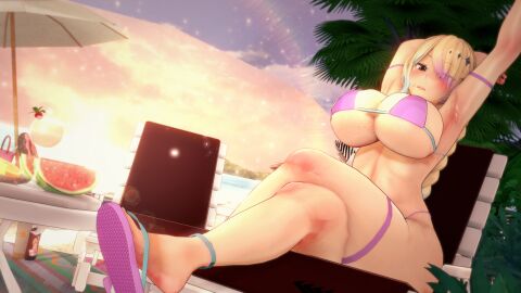 3d 3d_model armpits beach beach_chair big_breasts bikini blonde_hair breasts cephalonwilzuki chair colorful_hair female gyaru gyaru_gal highlights_(coloring) koikatsu original original_character pristina_suratsu render shades skindentation solo_female solo_focus spidey-dude voluptuous voluptuous_female