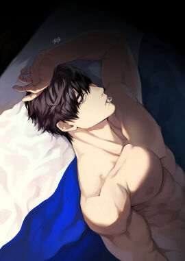 1boy abs arm_up bed bedroom black_hair blue_eyes completely_nude expressionless hand_on_head looking_at_viewer lying lying_on_back male male_only muscular muscular_male nipples nude original solo topless yukibi_(ykb)