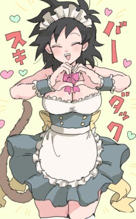 alternate_costume apron bare_arms bare_shoulders black_hair blush bow breasts cleavage closed_eyes dragon_ball dragon_ball_z dress eda_(prsy3) enmaided eyebrows_hidden_by_hair facing_viewer female frilled_apron frilled_dress frills gine hair_ornament hands_up happy headdress heart heart_hands highres japanese_text kanji large_breasts maid maid_apron maid_headdress mature_female medium_hair open_mouth own_hands_together pink_bow pink_ribbon ribbon ribbon-trimmed_skirt ribbon_trim saiyan_female skirt sleeveless smile solo standing tail teeth thighhighs tongue uniform