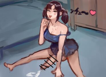 barefoot bedroom big_breasts big_penis breasts censored cum dress drooling feet futanari intersex kmaro looking_at_viewer penis sitting_down tongue tongue_out twintails