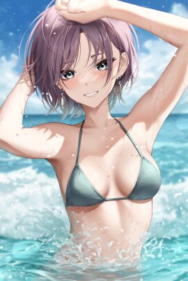 1girls aqua_bikini aqua_bikini_only aqua_bikini_top aqua_string_bikini aqua_swimsuit aqua_swimwear arm_above_head arm_up armpits asakura_toru belly bikini bikini_only bikini_top blue-eyed_female blue_bikini blue_bikini_only blue_bikini_top blue_eyes blue_string_bikini blue_swimsuit blue_swimwear blurred_background blurry_background blush blush_face blushed_face blushing_at_viewer blushing_face blushing_female breasts cleavage collarbone dot_nose dripping_wet earrings elbows female female_only fingernails fingers hand_above_head hand_on_hair hand_on_head hand_on_own_hair hand_on_own_head hand_up head_tilt high_resolution highres horizon idolmaster idolmaster_shiny_colors lean_figure light-skinned_female light_skin lips looking_at_viewer marinesnow medium_breasts narrow_waist ocean parted_bangs parted_lips partially_submerged partially_submerged_legs petite petite_body petite_breasts petite_female purple-haired_female purple_eyebrows purple_hair sea short_hair shoulders slender_body slender_waist slim_female slim_waist smile smiling smiling_at_viewer smirk soaked solo standing string_bikini submerged_feet submerged_legs swimsuit swimwear teenage_female teenager thin_waist tilted_head upper_body water waves wet wet_belly wet_bikini wet_body wet_breasts wet_face wet_hair wet_skin