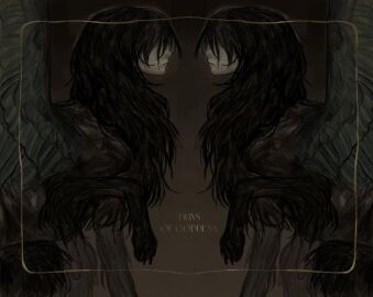 2boys absurdres black_hair border brown_background claws closed_mouth english_text facing_another feathered_wings feet_out_of_frame green_wings hair_over_eyes highres human_head long_hair male male_focus mane monster_boy multiple_boys multiple_males original penis petite_ven siblings sitting sphinx twins wings yellow_border