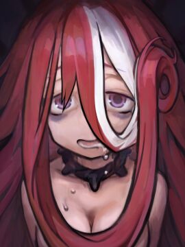 8104108onon bags_under_eyes cleavage close-up collar convenient_censoring drooling female female_only hair_between_eyes hair_censor half-closed_eyes long_hair looking_at_viewer made_in_abyss messy_hair nude prisoner purple_eyes red_eyes solo spiked_collar two-tone_hair vueko white_streak