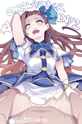 1boy 1girls arm_up ascot blue_ascot blue_eyes blue_ribbon blush bow breasts brown_hair censored censored_penis clothed_sex cum cum_overflow dress earrings english_commentary english_text female gloves hairbow highres holding_another's_wrist hotvr jewelry katarina_claes long_hair male mosaic_censoring open_mouth otome_game_no_hametsu_flag_shika_nai_akuyaku_reijou_ni_tensei_shite_shimatta penis pov puffy_short_sleeves puffy_sleeves pussy ribbon ribbon_earrings sex short_sleeves simple_background skirt small_breasts solo_focus spread_legs straight teeth tongue upper_teeth vaginal_penetration very_long_hair white_background white_gloves