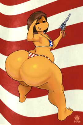 1boy 2d 4th_of_july american_flag american_flag_bikini androgynous ass ass_bigger_than_head big_ass big_butt bikini black_eyes bottom_heavy brown_hair chubby chubby_femboy chubby_male clothing fat_ass fat_butt femboy femboy_frisk firearm frisk giant_ass gigantic_ass gun handgun huge_ass huge_butt human human_male human_only looking_at_viewer looking_back looking_back_at_viewer male male_only revolver salute solo swimwear thick_ass thick_butt toby_fox undertale undertale_(series) vhsigil weapon yellow_skin