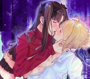 2girls black_hair blonde_hair fate/stay_night fate_(series) female fkdraws saber tohsaka_rin undressed