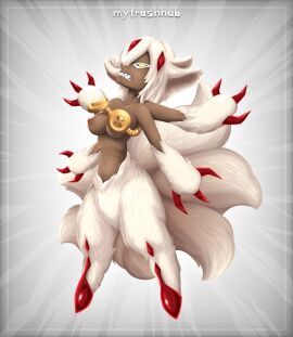 1girls 4_arms angry angry_eyes angry_face belly_button breasts claws claws_out dark-skinned_female dark_nipples dark_skin fangs faputa female female_focus female_only furry furry_ears furry_female furry_only furry_tail made_in_abyss medium_breasts multi_arm multi_limb mytrashhub nipples one_breast_out white_fur white_hair yellow_eyes