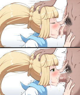 1boy 1girls afterimage before_and_after blonde_hair blunt_bangs blush braid censored cheek_bulge closed_eyes clothed_female_nude_male commentary_request creatures_(company) crying crying_with_eyes_open cum cum_in_mouth cum_overflow dark-skinned_male dark_skin deepthroat eyelashes fellatio female from_side game_freak green_eyes hand_on_another's_head hands_up hi_res hiaburi_tokage highres interracial irrumatio light-skinned_female light_skin lillie_(pokemon) long_hair male male_pubic_hair mosaic_censoring motion_blur motion_lines nintendo nude oral penis pokemon pokemon_sm ponytail pubic_hair sailor_collar shirt straight tears white_shirt