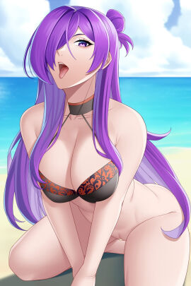 1girls alluring aslindsamure bare_legs beach big_breasts bikini bikini_top_only blue_sky breasts cleavage female female_only fire_emblem fire_emblem_heroes fire_emblem_warriors:_three_hopes naked_from_the_waist_down ocean on_knees open_mouth purple_eyes purple_hair pussy shez_(fire_emblem) shez_(fire_emblem)_(female)