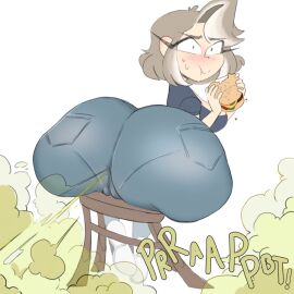 1girls ass ass_bigger_than_head big_ass big_butt blue_jeans blue_shirt blush breasts brown_hair bubble_ass bubble_butt burger eating eating_burger eating_food fart fart_cloud fart_fetish farting female female_only food gassy gassy_ass gassy_butt gassy_female giant_ass green_fart green_fart_cloud hamburger jeans kennedy_(makingmebatty) looking_at_viewer looking_back looking_back_at_viewer makingmebatty multicolored_hair oc original original_character rear_view short_hair shoulder_length_hair sitting sitting_on_stool smile solo_female stool two-tone_hair viewed_from_behind white_background white_hair