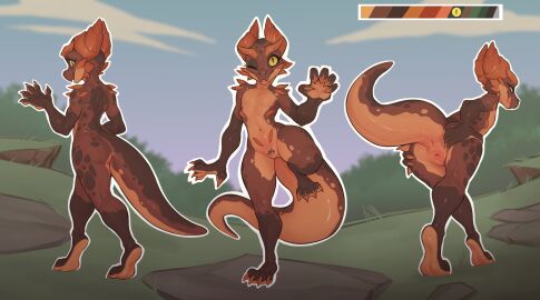 5_fingers absurd_res anthro anus ass bdmon biped blue_sky brown_body claws color_swatch countershade_tail countershade_torso countershading day digital_media_(artwork) featureless_chest female fingers flat_chest genitals grass hi_res horn kobold nude one_eye_closed outside pink_pussy plant presenting presenting_pussy pussy scalie shaded sky solo spread_pussy spreading tail tail_anus toe_claws