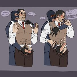 2boys blush budige clothed clothed_sex cum_on_clothes cumming_from_handjob dilf duo ejaculation erection french french_dilf french_guy french_male french_man frenchman frenchmen gay genitals german german_guy german_male german_man handjob human human_on_human jerking_off knife knife_play knife_to_throat light-skinned_male light_skin looking_at_another male male/male mature mature_male medic_(team_fortress_2) older_male penis penis_out reach_around spy_(team_fortress_2) team_fortress_2 yaoi