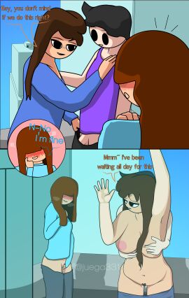 1boy 2girls ambiguous_penetration big_breasts blush breasts clothed clothed_masturbation dialogue elevator elevator_sex english_text exhibitionism exhibitionist female female_penetrated juega331 male masturbating_while_watching masturbation oc original original_character panels pressed_on_glass public public_nudity public_sex straight voyeur voyeurism