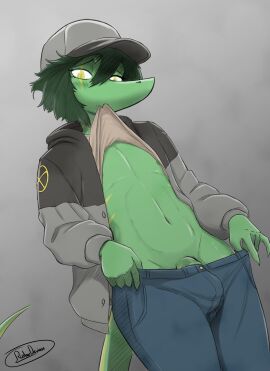 absurd_res anthro areola artist_name barely_visible_genitalia barely_visible_penis bodily_fluids bottomwear bottomwear_pull bulge ciro_(tucolewds) clothed clothed_anthro clothed_male clothing clothing_lift clothing_pull dinosaur eyebrows fingers flaccid front_view ftm_crossgender furgonomics genitals green_body green_hair grey_background hair hat headgear headwear hi_res hold_onto_mi humanoid_hands jacket looking_at_viewer looking_down male markings medium_hair navel nervous nipples non-mammal_navel non-mammal_nipples open_clothing open_jacket open_topwear pants pants_pull penis prehistoric_species raised_inner_eyebrows ratherdevious reptile rule_63 scalie shaded shirt shirt_lift shy simple_background solo striped_markings stripes sweat sweatdrop tail text topwear yellow_body yellow_eyes