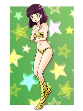 1girls bangs blush breasts cosplay female female_only full_body green_eyes lum_(cosplay) miyake_shinobu oni_horns purple_hair short_hair solo solo_female urusei_yatsura