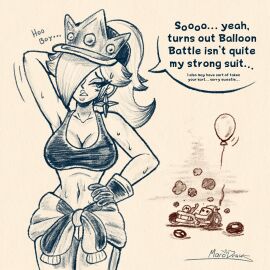 1girls artist_logo balloon belly_button big_breasts breasts cap car_crash cleavage crown dialogue embarrassed female female_only hair_over_one_eye hat kart mario_(series) mario_kart mario_kart_world marodraws nintendo ponytail princess_rosalina princess_rosalina_(pro_racer) racing_suit skinny solo_female speech_bubble sports_bra star_earrings sweat sweater_around_waist tagme thin_waist