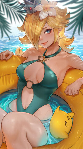 1girls blonde_hair blue_eyes breasts crown earrings female female_only flower_in_hair hair_over_one_eye inner_tube lips long_hair luma magion02 mario_(series) nintendo princess_rosalina solo star_earrings swimsuit tagme water