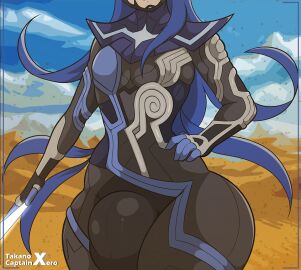 1boy big_bulge blue_hair bodysuit bulge bulge_through_clothing femboy girly long-haired_male long_hair male male_only nahobino_(smt) penis penis_bulge protagonist_(shin_megami_tensei_v) shin_megami_tensei shin_megami_tensei_v skin_tight solo takano_(artist) thick_thighs wide_hips