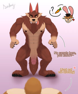 5:6 absurd_res anthro balls big_penis billy_buns bodily_fluids canid canine canis claws digital_media_(artwork) duo erection fur genital_fluids genitals hank_howell_(piti_yindee) hi_res lagomorph leporid male male/male mammal muscular muscular_anthro muscular_male nipples nude penis rabbit sarkvy simple_background tail teeth text tongue wolf
